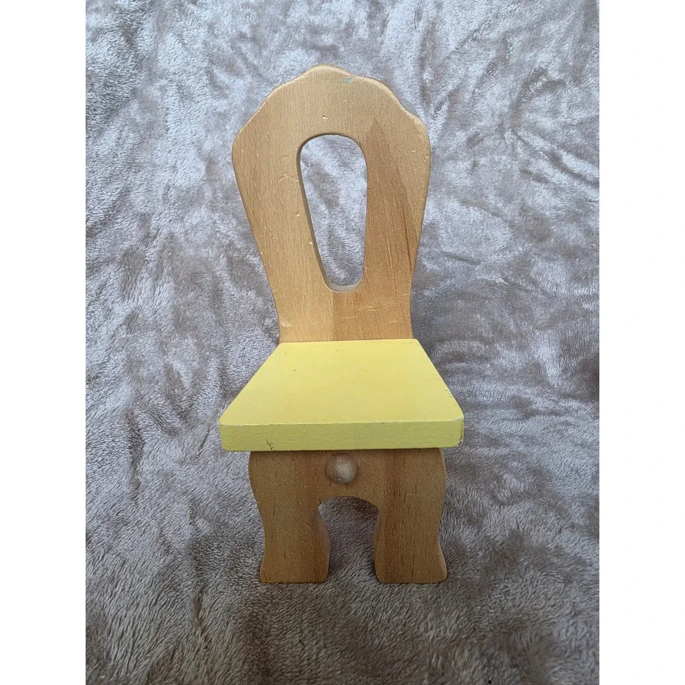 Vintage Miniature Wooden Dollhouse Chair Yellow Seat Natural Wood 7.5 Inch